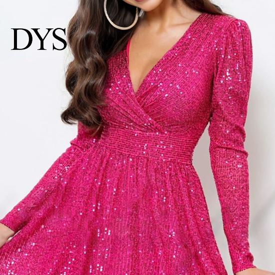 Elegant Evening Dress Women's Sparkling Sequin Mini Long Sleeve V-Neck Party Women Short Slim Fit Lady Cocktail for Parties Weddings Clubs Proms Sexy