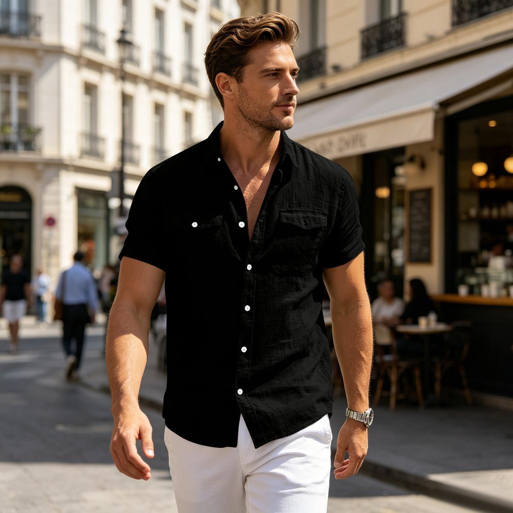 Men's Casual Short Sleeve Shirt with Multi-Pockets, Lightweight Cotton Linen for Work