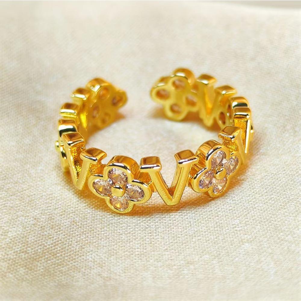 Four-leaf Clover Ring Opening Adjustable Zirconia Hollow Letters Fashion Women's Ring