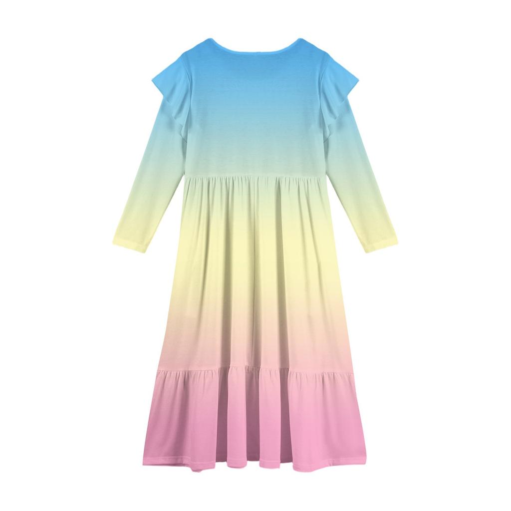 Mädchen Stufenkleid mit Rüschen - Langärmeliges bedrucktes Maxi mit Taschen
