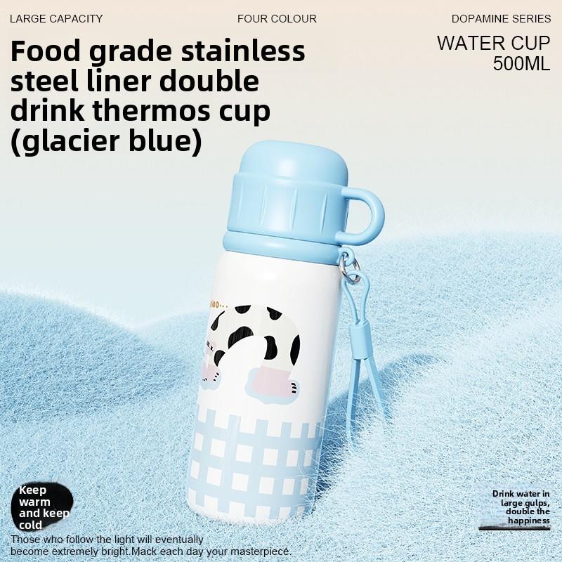 

Cute Student Insulated Water Bottle With Straw And Carrying Rope For Kids And Teens синий