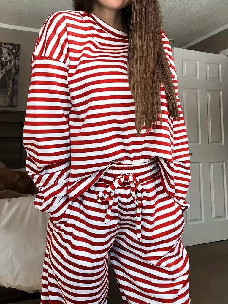 European and American Women's Striped Casual Suit: Long Sleeve Top & High Waist Pants Two-Piece Set (Spring/Autumn 2026)
