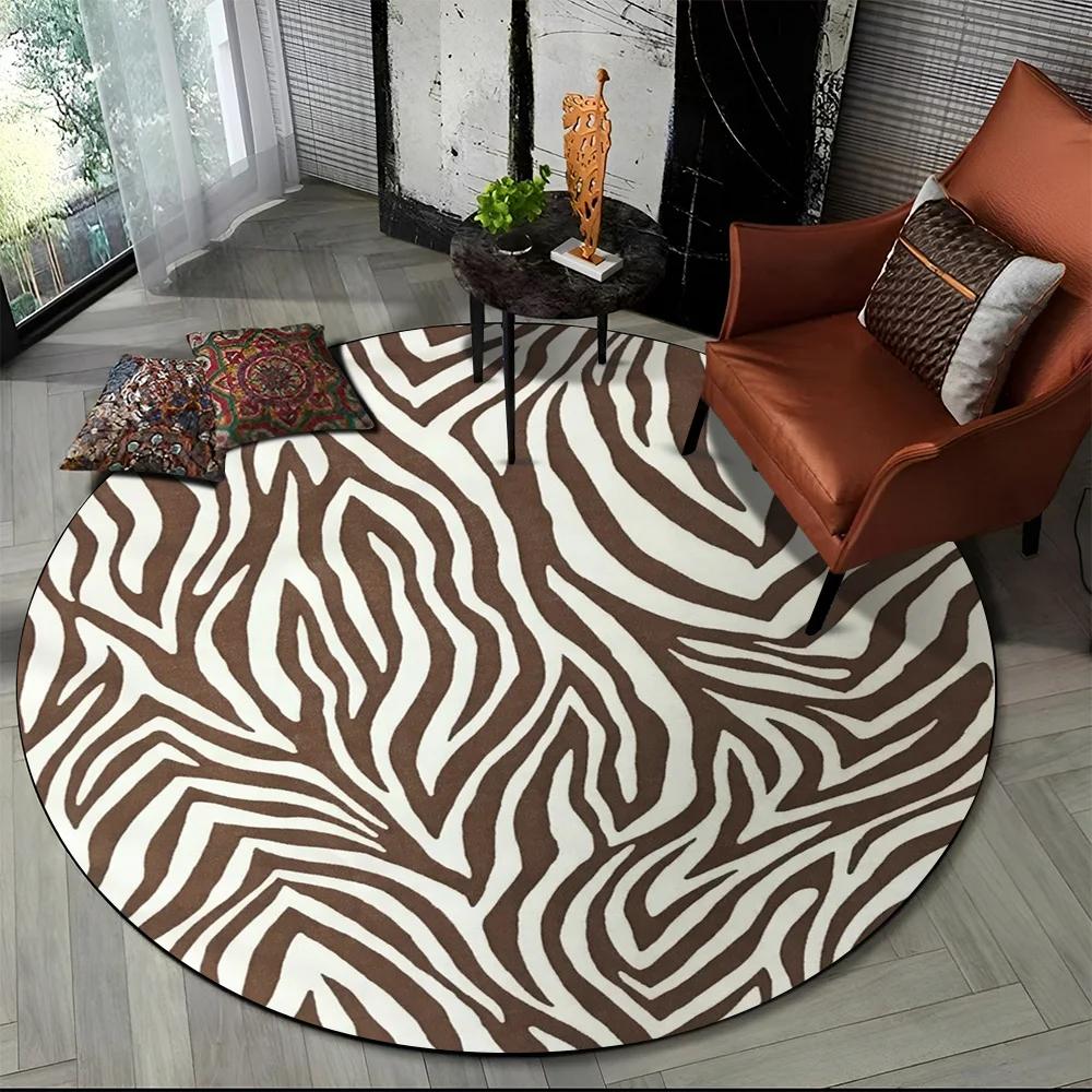 3D Barevný Pruhovaný Vzor Zebra Kulatý Koberec pro Obývací Pokoj, Ložnici, Dětský Herní Koutek Dekor, Protiskluzová Podložka do Zóny pro Domácí Mazlíčky