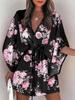 V Neck Women Print Mini Dress Beach Loose Batwing Sleeve Button Lace Up Party Summer Dress