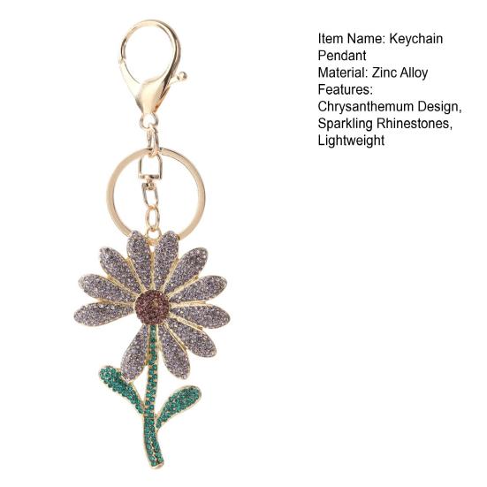 Keychain Pendant Sparkling Rhinestones Inlaid Chrysanthemum Design Key Chain with Lobster Clasp Lightweight Backpack Accessory