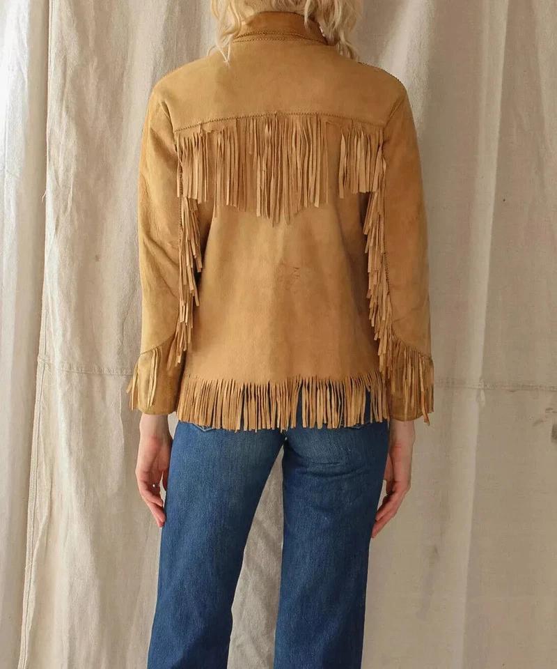 Motorcycle Fringed Lambskin Jacket Genuine Leather Suede Handmade Women Brown