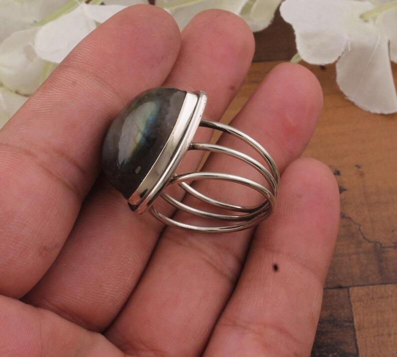 Solid 925 Sterling Silver Labradorite Gemstone Triangle Ring Handmade Designer Jewelry, Statement Ring