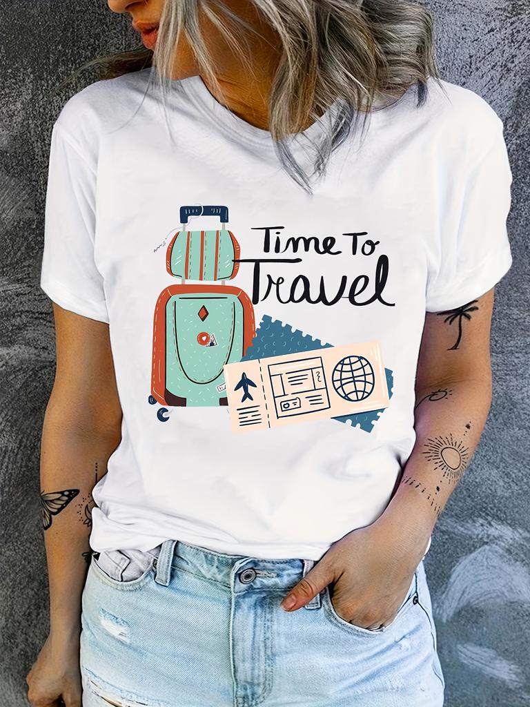 Travel Pattern Printed T-Shirt, Spring/Summer Casual Round Neck Short Sleeved Top Women'S Clothing, Fashionable Painted Clothing