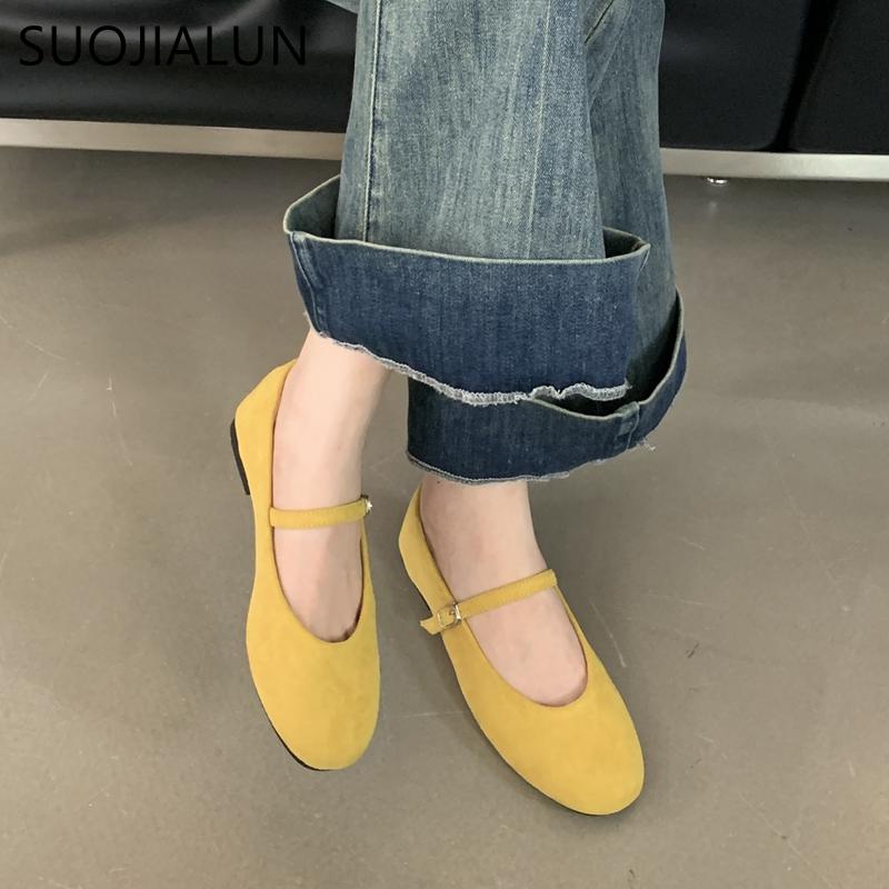Fashion SUOJIALUN Autumn Women Flat Shoes Fashion Candy Color Ladies Round Toe Mary Jane Shoes Soft Sole Shallow Slip On Ballerinas Shoe