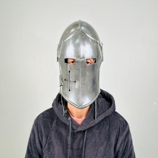 Grey Barbuta Helmet Medieval Knight Armor 18g Mild Steel LARP Cosplay Halloween Costume Barbuta Visored Warrior Helmet