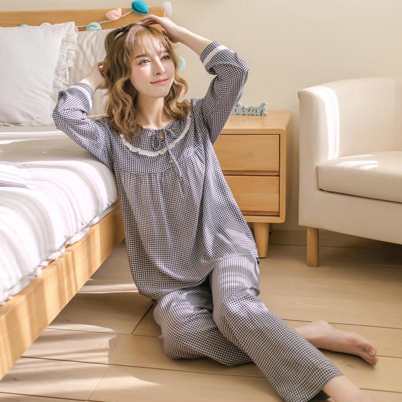 

Женский клетчатый хлопковый пижамный комплект Soyis - Районная домашняя одежда с длинным рукавом и брюками XL чёрный