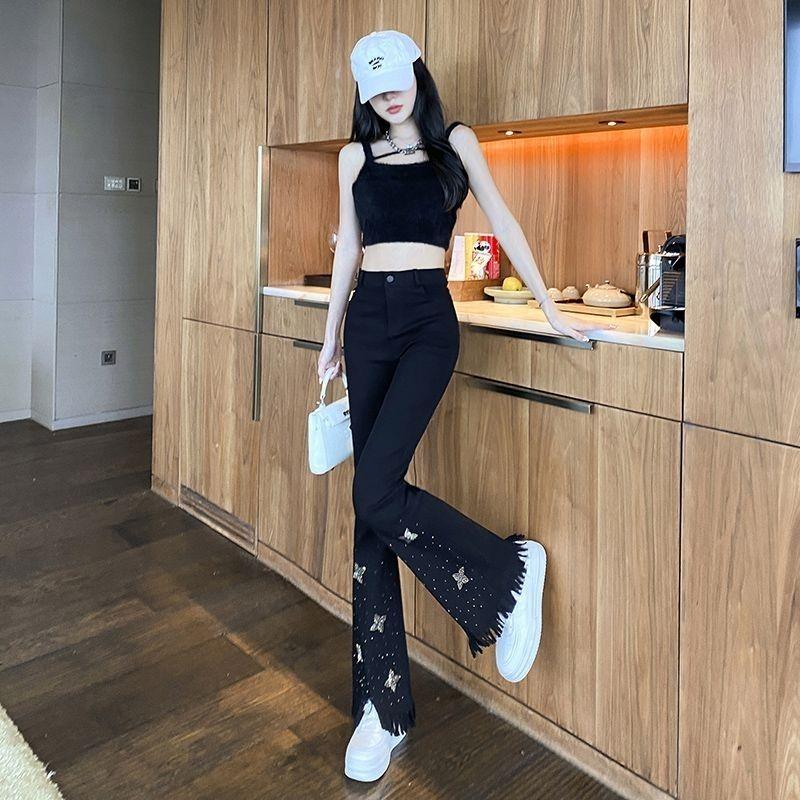 Star Hot Diamond Bead Imitation Denim Black Leggings Women Spring Summer New High-waisted Slim Tassel Micro-flare Trousers