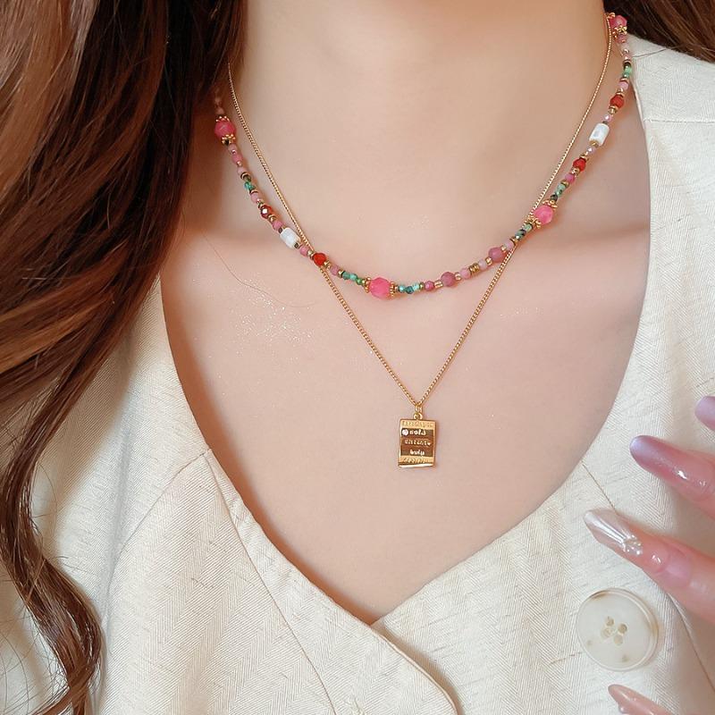 Natural Rhodochrosite Multicolor Irregular Shell Beaded Necklace Women Gold Titanium Steel Choker
