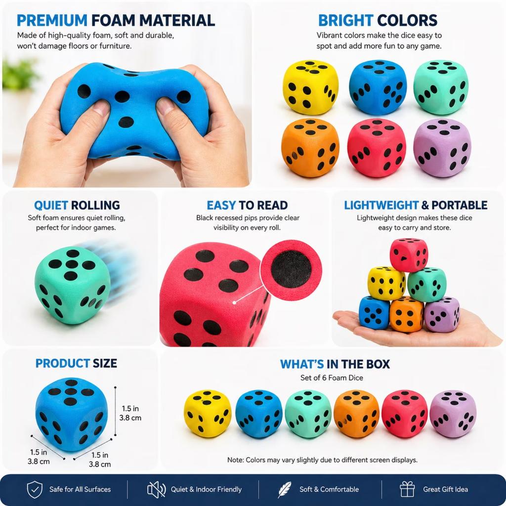 6pcs Six-Sided Foam Dice Set Soft Lightweight Foam Dice for Classroom Games Educational Activities and Group Exercises