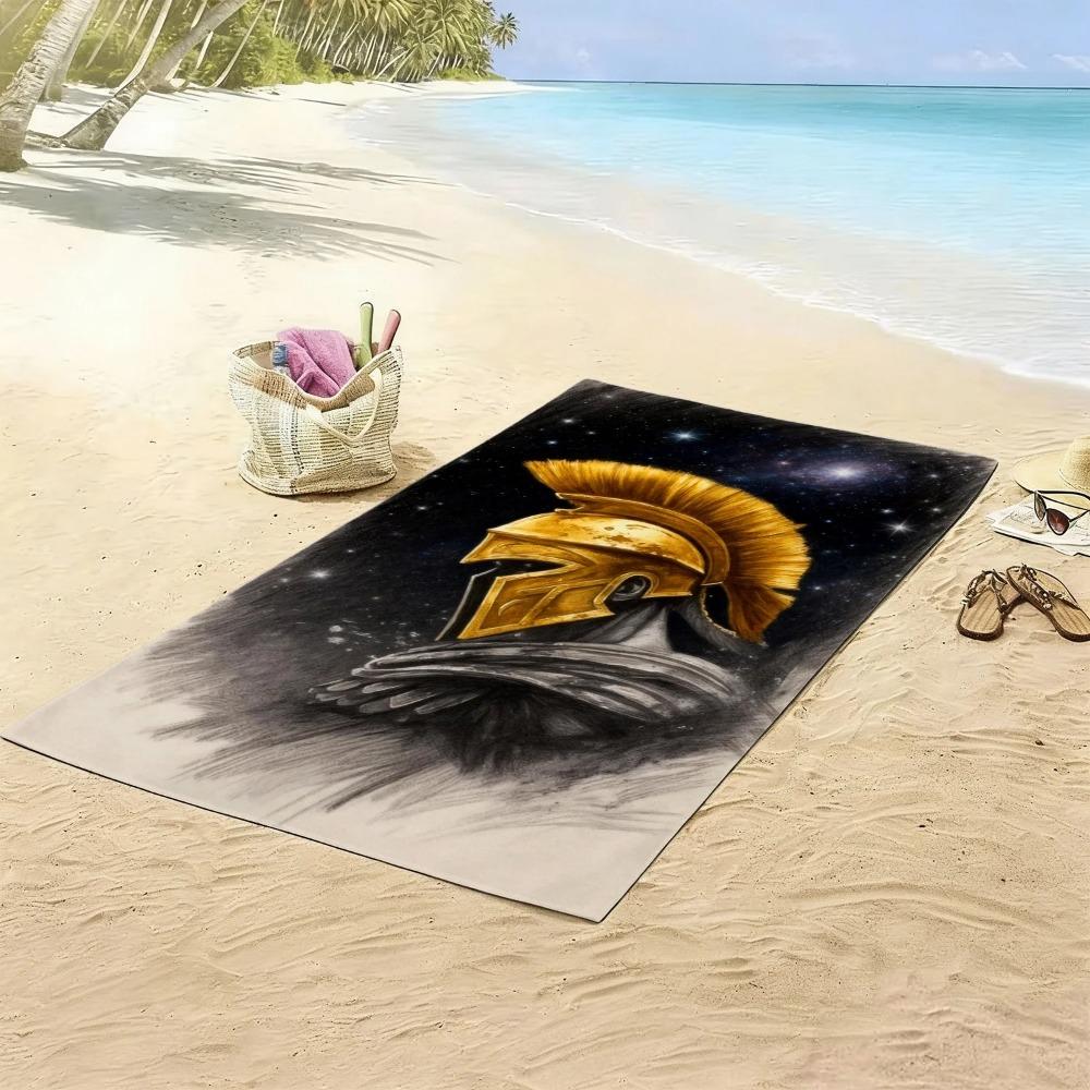 Starry Sky Spartan Beach Towel, Golden Helmet Warrior on Galaxy Background Print Bath Towel, Bold Mythic Beach Blanket 1pcs