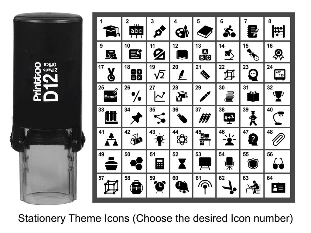 Printtoo Stationery Theme Icons Round Rubber Stamp Self Inking Stamper 12 mm