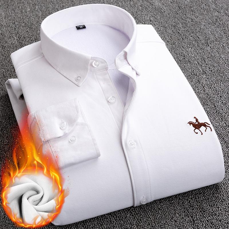 Cotton Oxford Warm Shirts Solid Long Sleeve Winter Business Casual Clothes Logo  2Layer
