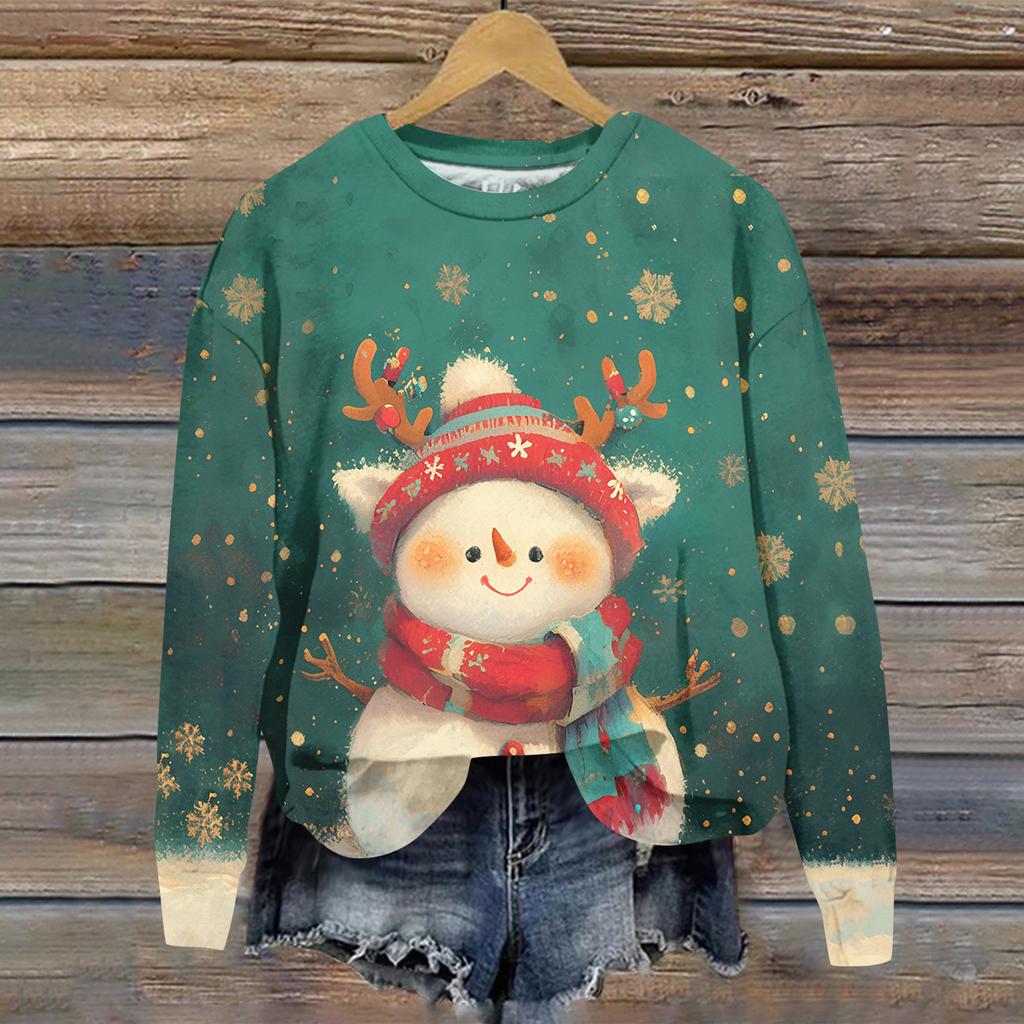 Ladies' Christmas Printed Long Sleeved Round Neck Hoodie Loose Top