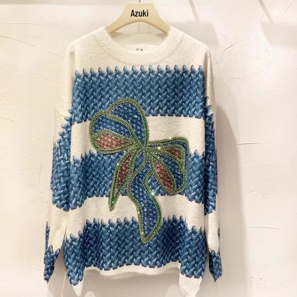 2023 Mink Velvet Bowknot Plus Size Sweater - Autumn/Winter Printed Knitwear