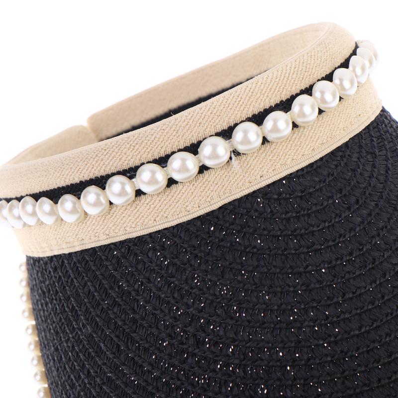 Imitation Pearl Empty Top Straw Hats For Women Casual Summer Beach Visor Caps Foldable Wide Large Brim Sun Uv Protection Caps