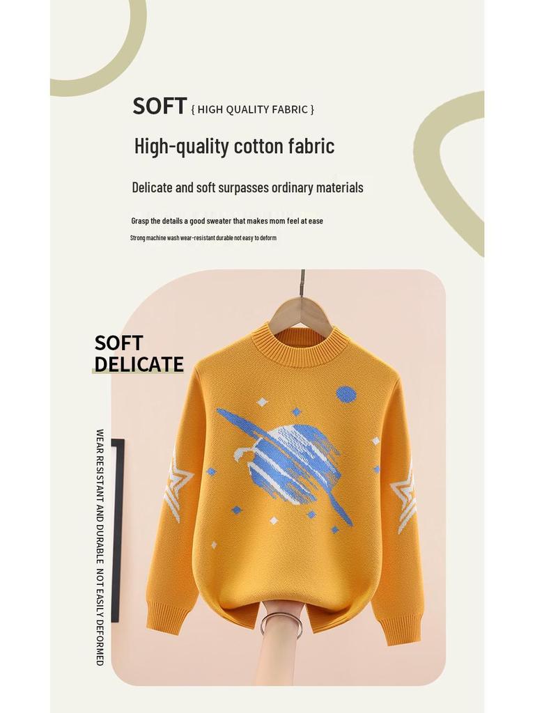 Boys' Fleece-Lined Round Neck Korean-Style Sweater: Thick Knitwear for Autumn and Winter