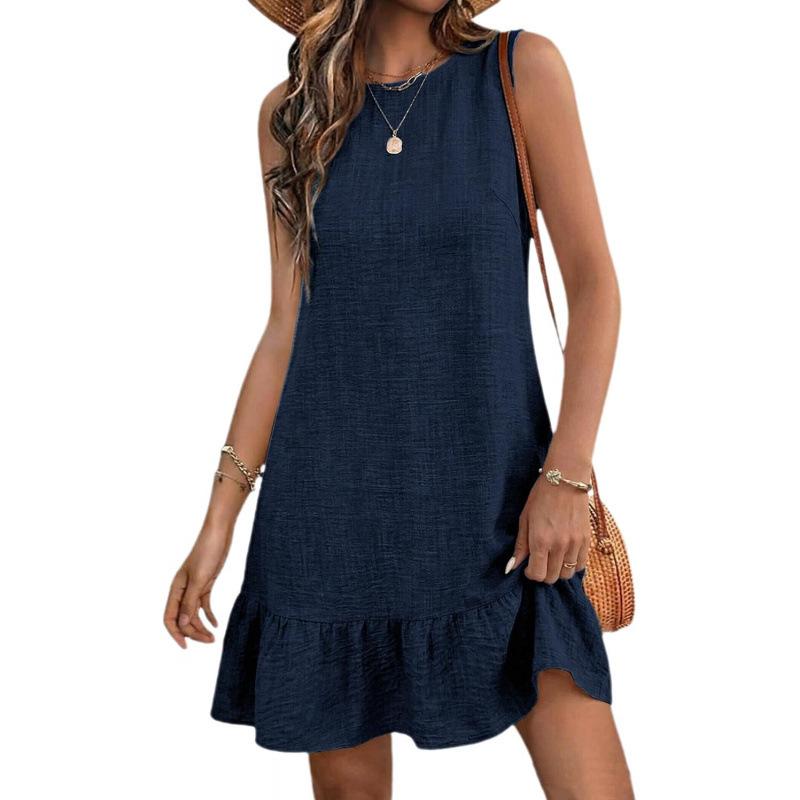 Lace-up crew neck sleeveless vest casual dress women's 2026 summer ruffle edge elegant beach vest skirt