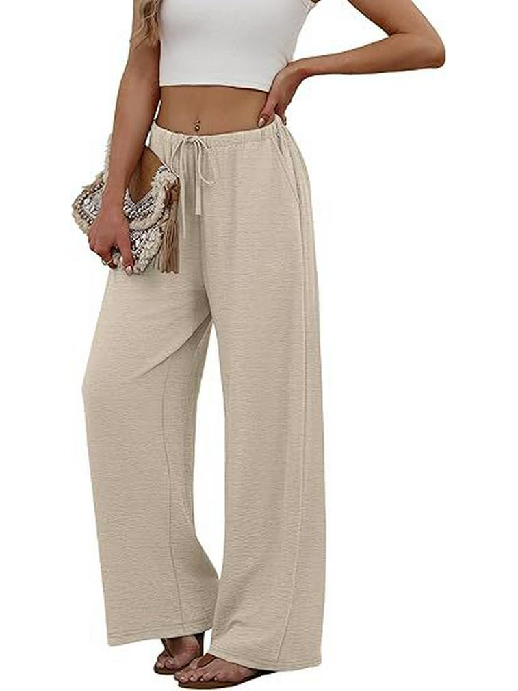 European & American Women's Casual Solid Wide-Leg Beach Pants with Elastic Waist & Pockets