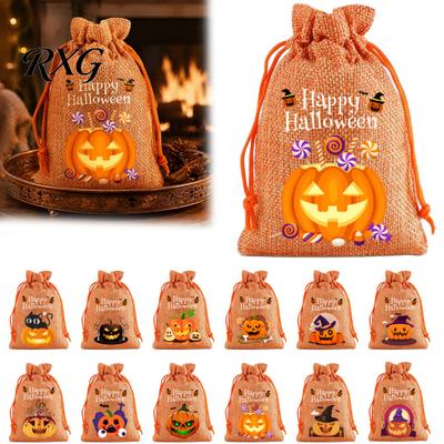 Drawstring Gift Pouches 2Pcs Halloween Pumpkin Bags for Candy Treats, Retro Burlap Trick or Treat Party Souvenirs Bags, Portable Goodie Kids