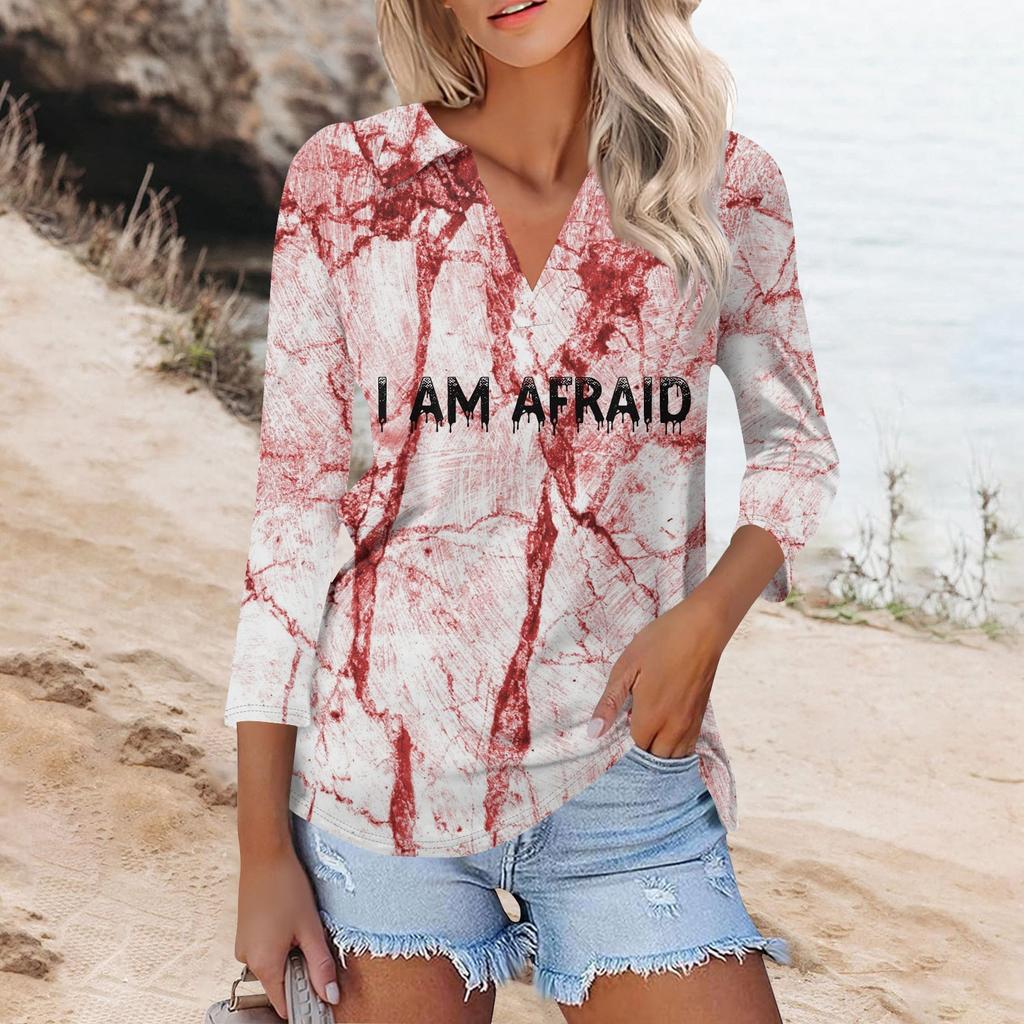 Modisches T-Shirt für Damen mit V-Ausschnitt und 3/4-Ärmeln, Halloween, blutiger Aufdruck, lässiges Oberteil