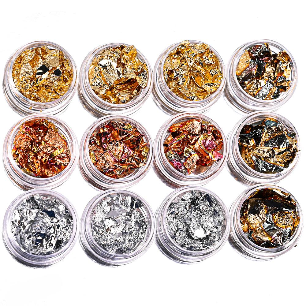 1-12pcs Aluminum Nail Flakes Foils Set Gold Silver Irregular Paillette Nail Art Sequins Decorations Glitter Sticker for Manicure