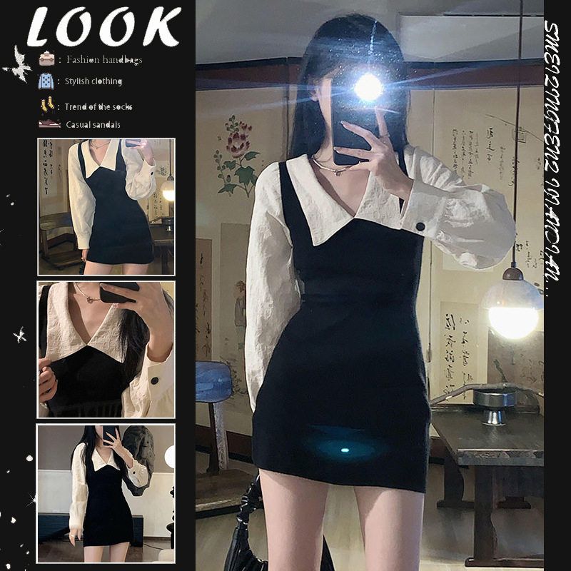 

Early Autumn Korean Style Pure Desire Academy Style Lapel Dress for Petite Women, New High-Waisted Elegant Slim-Fit Bodycon Dress Image color S [Excellent Quality]