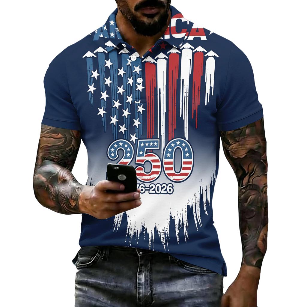 Men's Short Sleeve Polo Shirt 250th Anniversary Commemorative USA Flag Print Patriotic Sports Shirt 1776 to 2026 Celebration Apparel