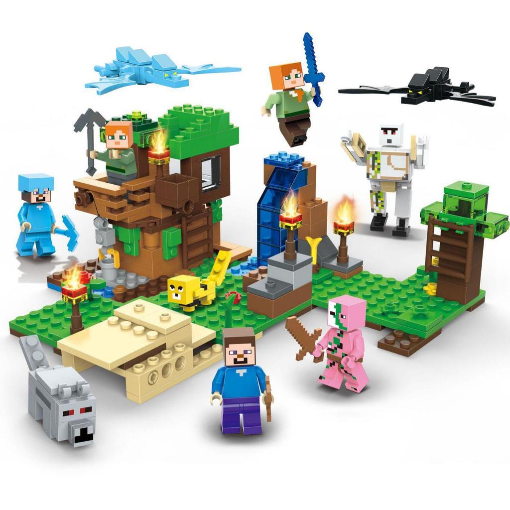 Minecraft Minifigure Set: Block Mechanism, Cave Light, Treehouse, Warhorse, Ocelot, Village Windmill Town