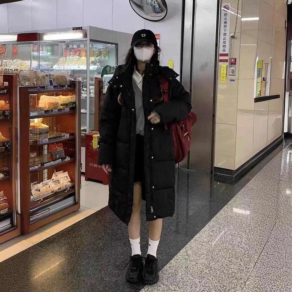 Mid-length Cotton-padded Jacket for Women in Winter Korean Style Loose Casual Hooded Thickened Warm Over-the-knee Cotton Jacket
