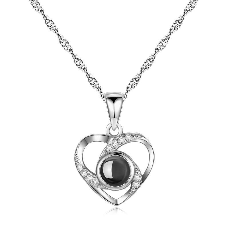 S925 Silver Peach Heart Projection Necklace 'I Love You' in 100 Languages