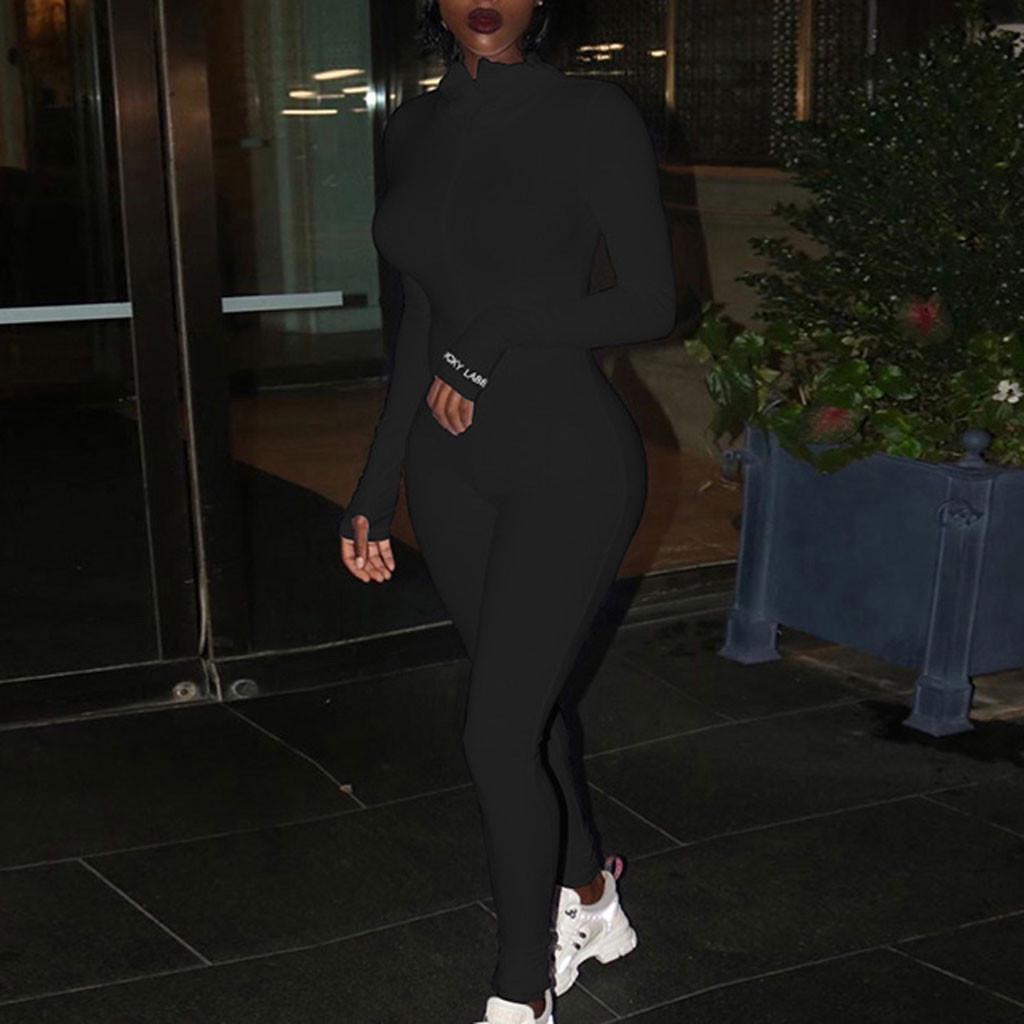 Women Ribbed Rompers Sporty Fitness Embroidery Letter Print Zipper Jumpsuit