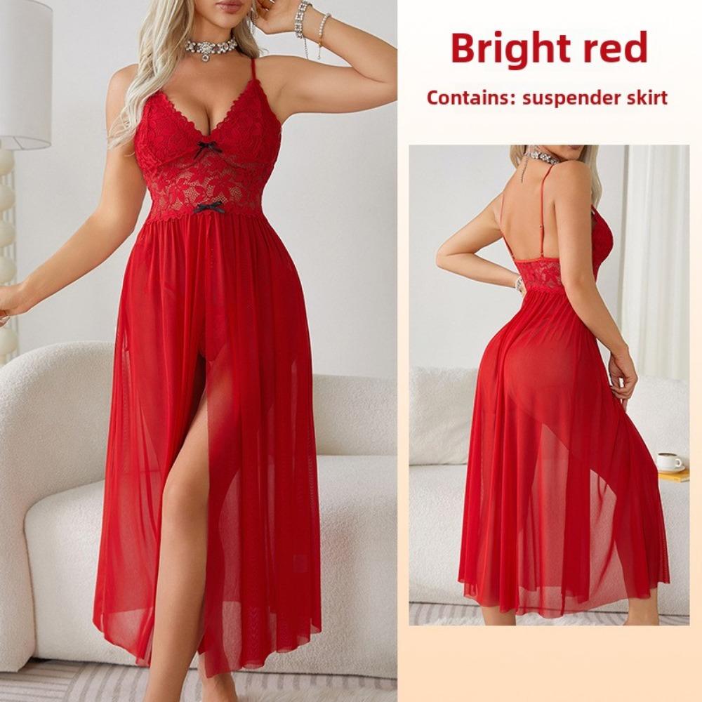 Large Size Erotic Underwear Sexy Mesh Lace Pajamas Split Suspender Skirt Long Loungewear