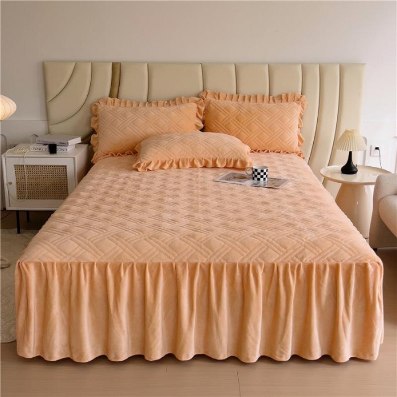 

2025 New Milk Fleece Single Bed Skirt Solid Color Mattress Protector Thickened Warm Bedding Products, Without Pillowcase only 2pcs pillowcase