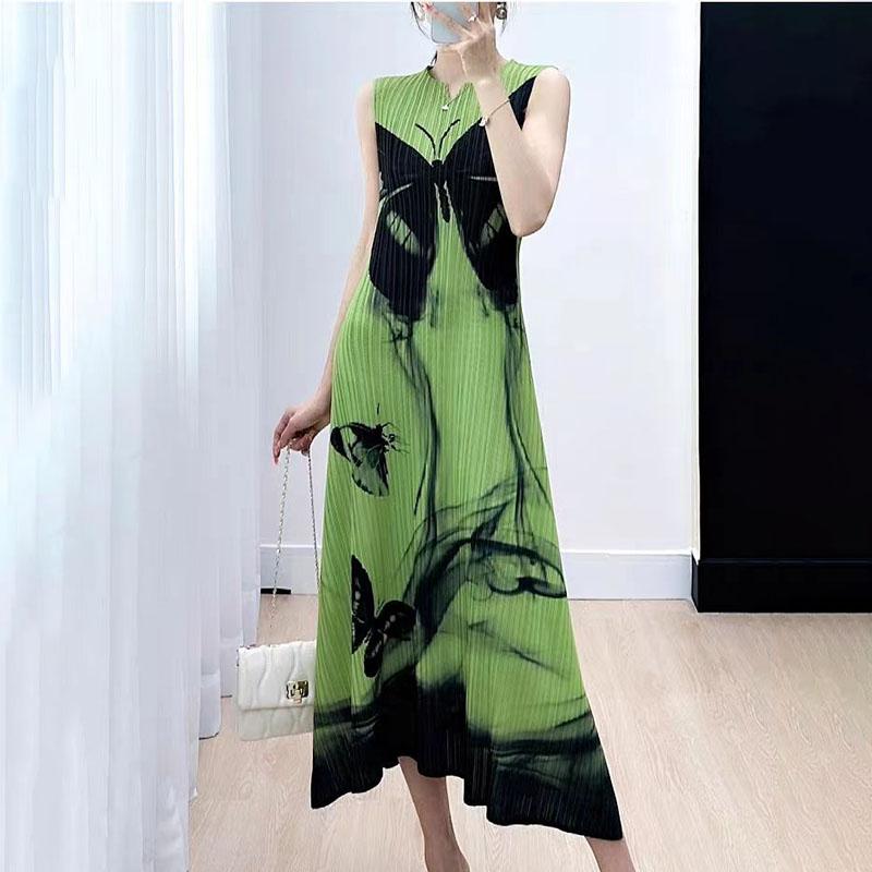 High-End-Sommerkleid für Damen mit Schmetterlingsdruck, schmale Passform, ärmelloses Westenkleid mit V-Ausschnitt, plissiertes langes A-Linien-Kleid