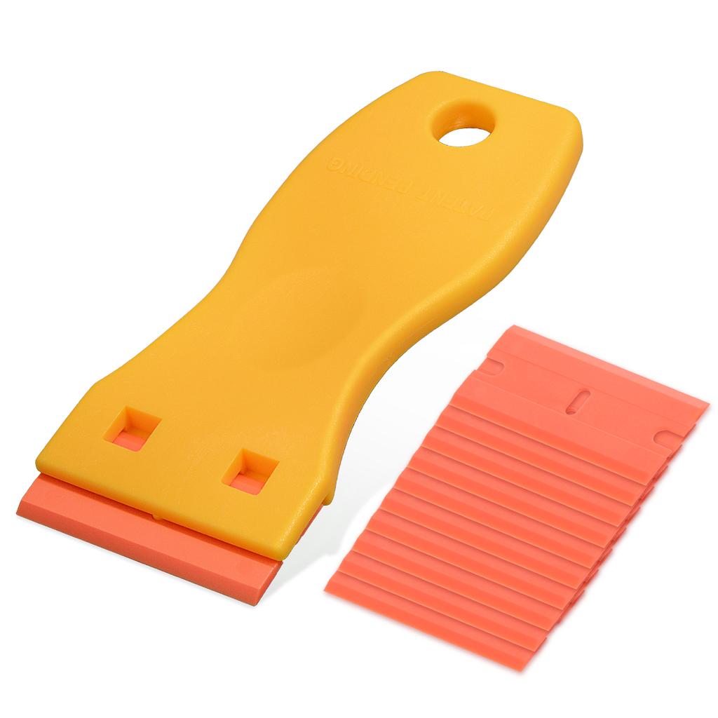 Plastic Razor Scraper Tool with 10 Replacement Blades | Scratch-Free Multi-Purpose Adhesive Remover for Hair Extensions, Phone Screen Repair, Window T