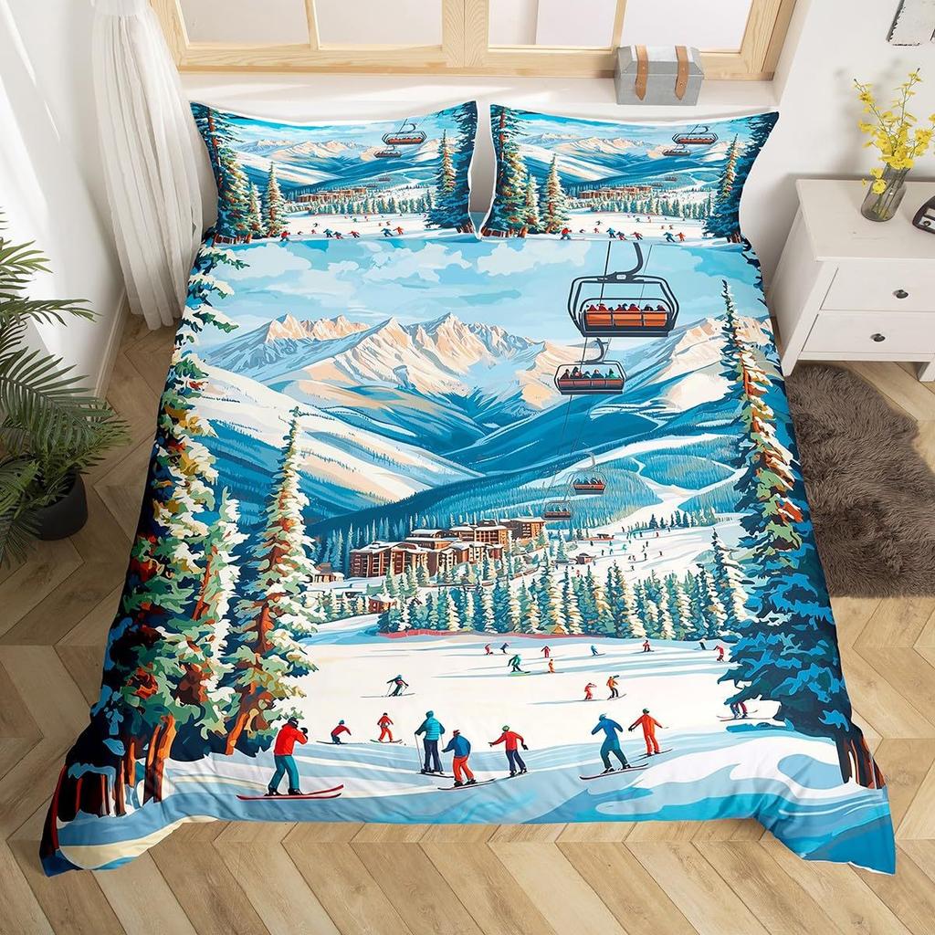 Ski Theme Duvet Cover Green Pine Cable Car Bedding Set Country Style Three-Piece Set
