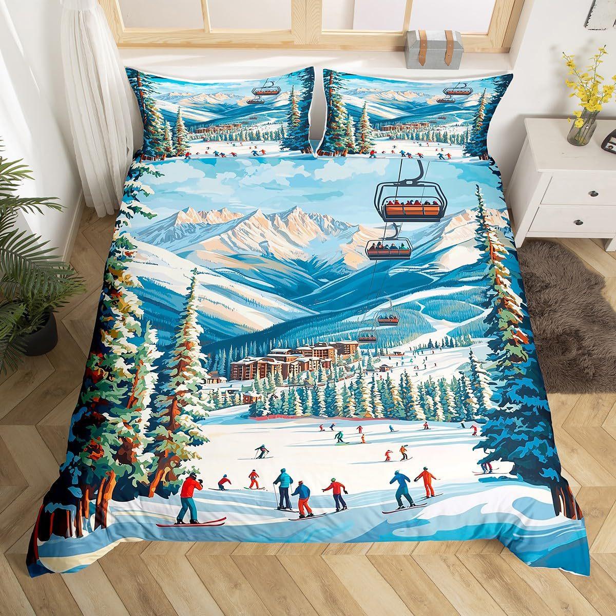

Пододеяльник на тему лыж Зеленый Сосна Канатная дорога Постельный набор Кантри стиль Набор из трех предметов EU single 135*200