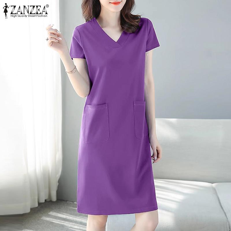 

ZANZEA Women Casual Plain Color V-Neck Short Sleeve Dress 5XL синий
