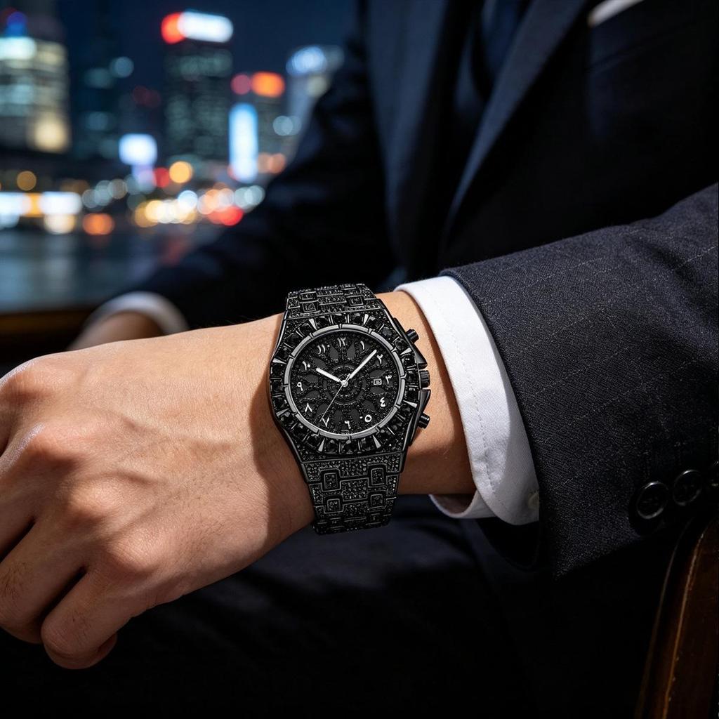 Men Full Iced Out Green Crystal Watch Arabic Numeral Dial Quartz Wristwatch Alloy Band Calendar Hip Hop Bling Jewelry Watches