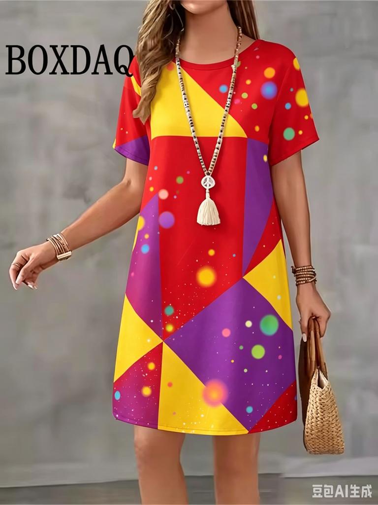 2026 Casual and Fashionable Round Neck Short Sleeved Geometric Printed Loose Women's Dress for Summer