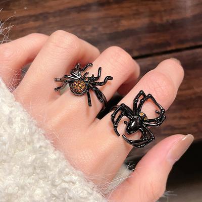 Gothic Fashion Zircon Rings For Women Girls Crystal Black Spider Open Ring Hip Hop Punk Irregular Animal Finger Jewelry Halloween Gift