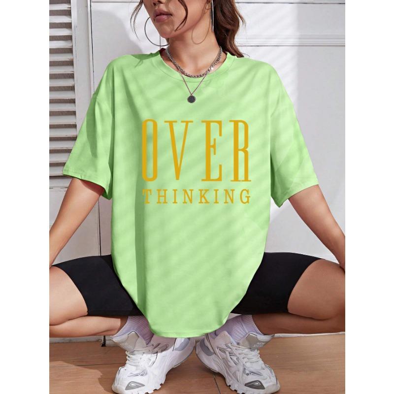 Plus Over Thinking Letter Print Women Cotton Short Sleeve Breathable O-Neck Tops All-math Casual T-Shirts Female Tee Clothing