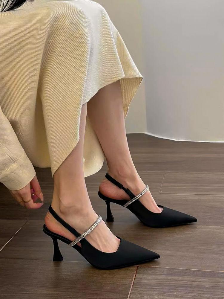 French Back Strap Black Pointed High Heels Spring and Summer with Skirt Single Shoes Sandals Women's Black