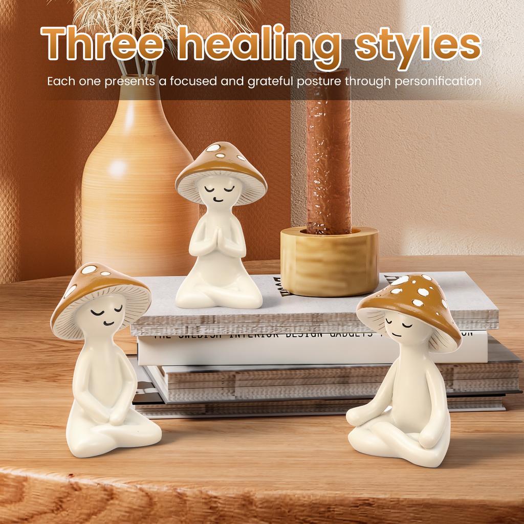 3Pcs Yoga Mushroom Statues Cute Small Resin Yoga Mushroom Figurines Tabletop Ornaments for Garden Patio Home Office Decoration