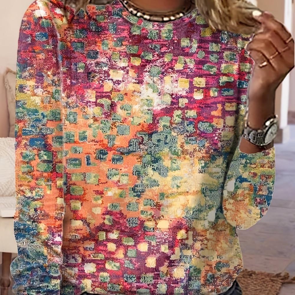 Women's Random Printed Long Sleeved Round Neck Slightly Elastic T-shirt